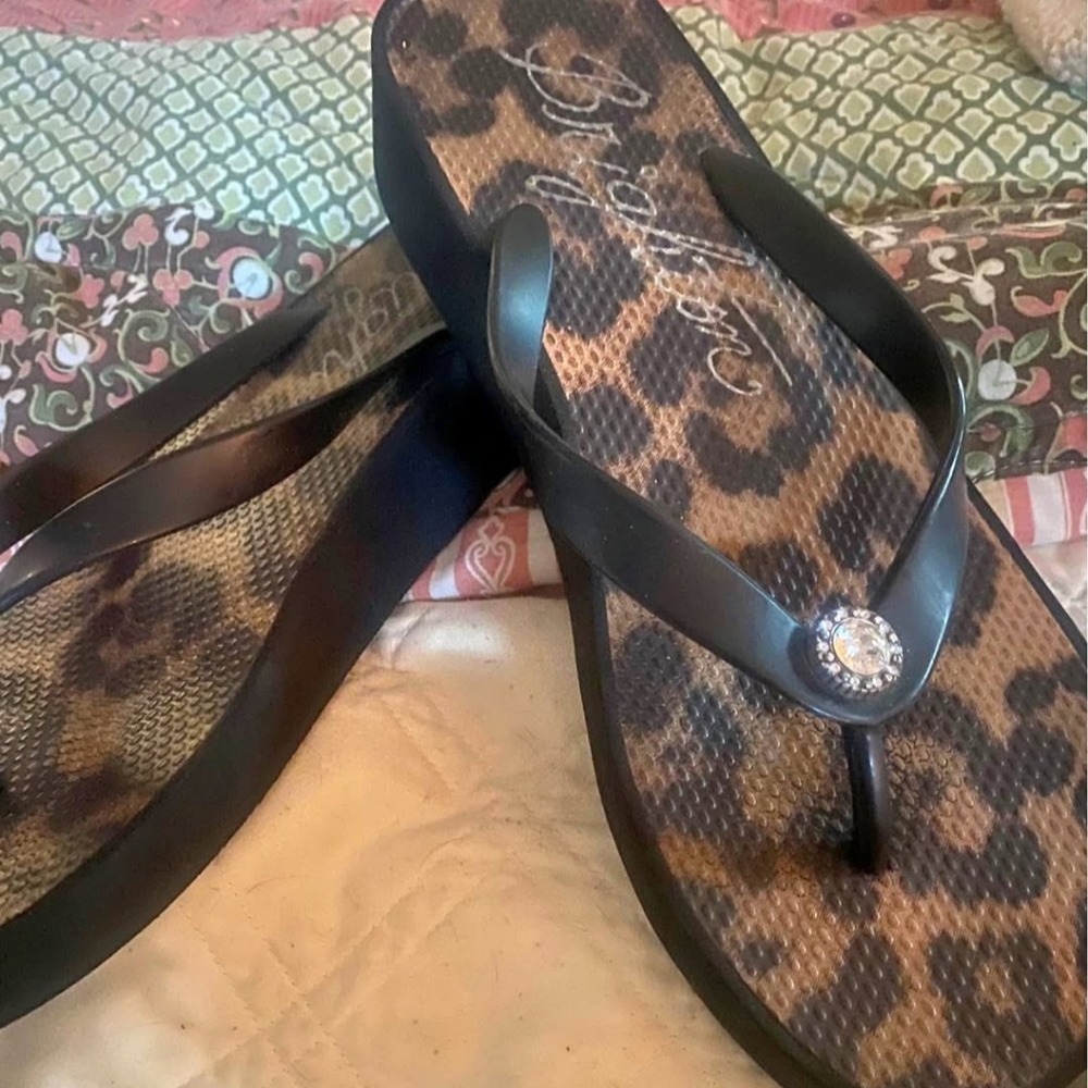 Brighton Black Sandals with Leopard Print and Rhinestone